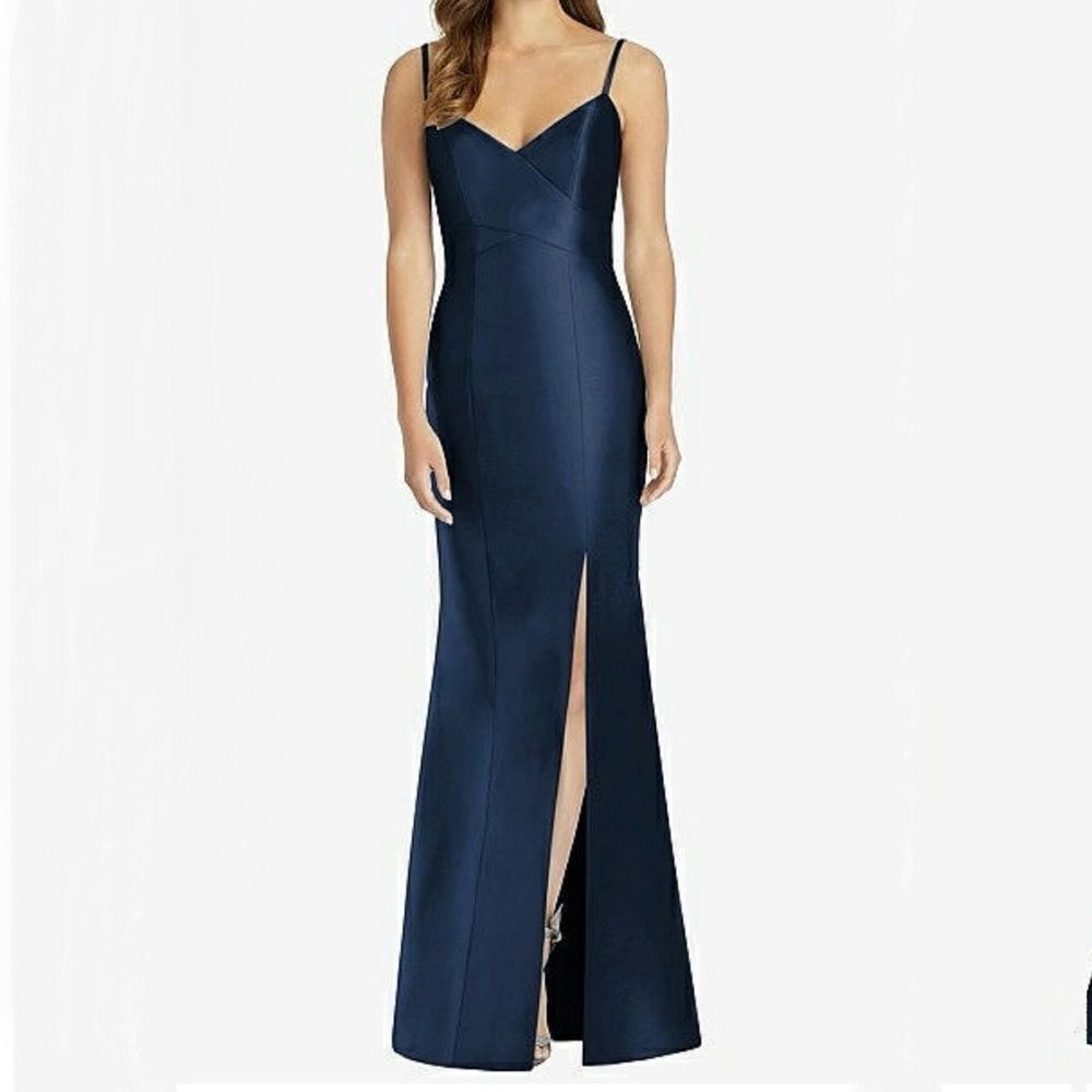 Navy Spaghetti-Strap Evening Gown with Front Slit